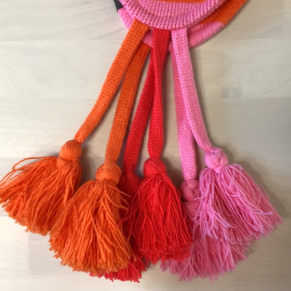 Rainforest Cafe Earflap Hat Knit Animal Paw Print Pink Orange Tassels One Size - Picture 9 of 9